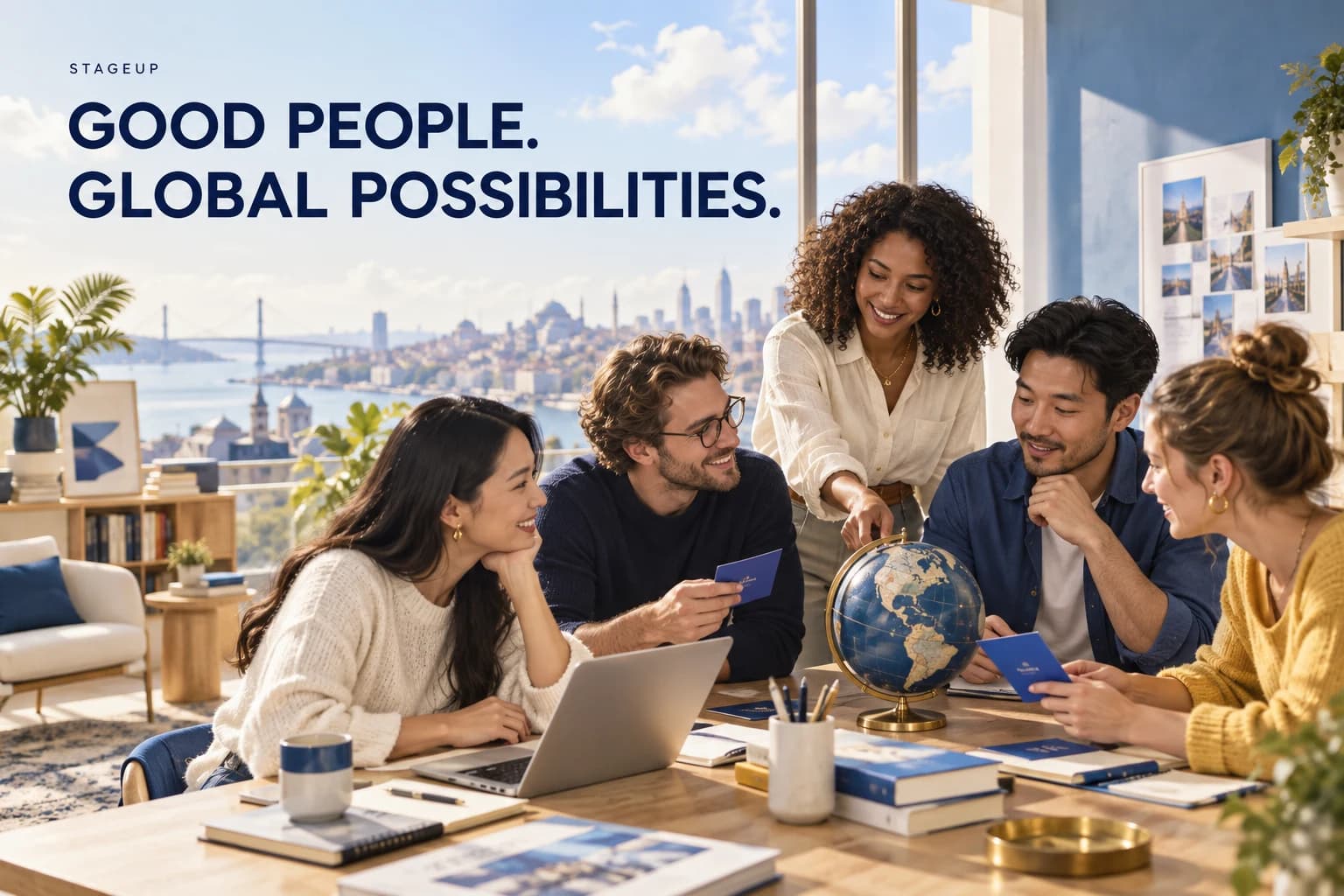 StageUp — Good people. Global possibilities. Conceptual team illustration.