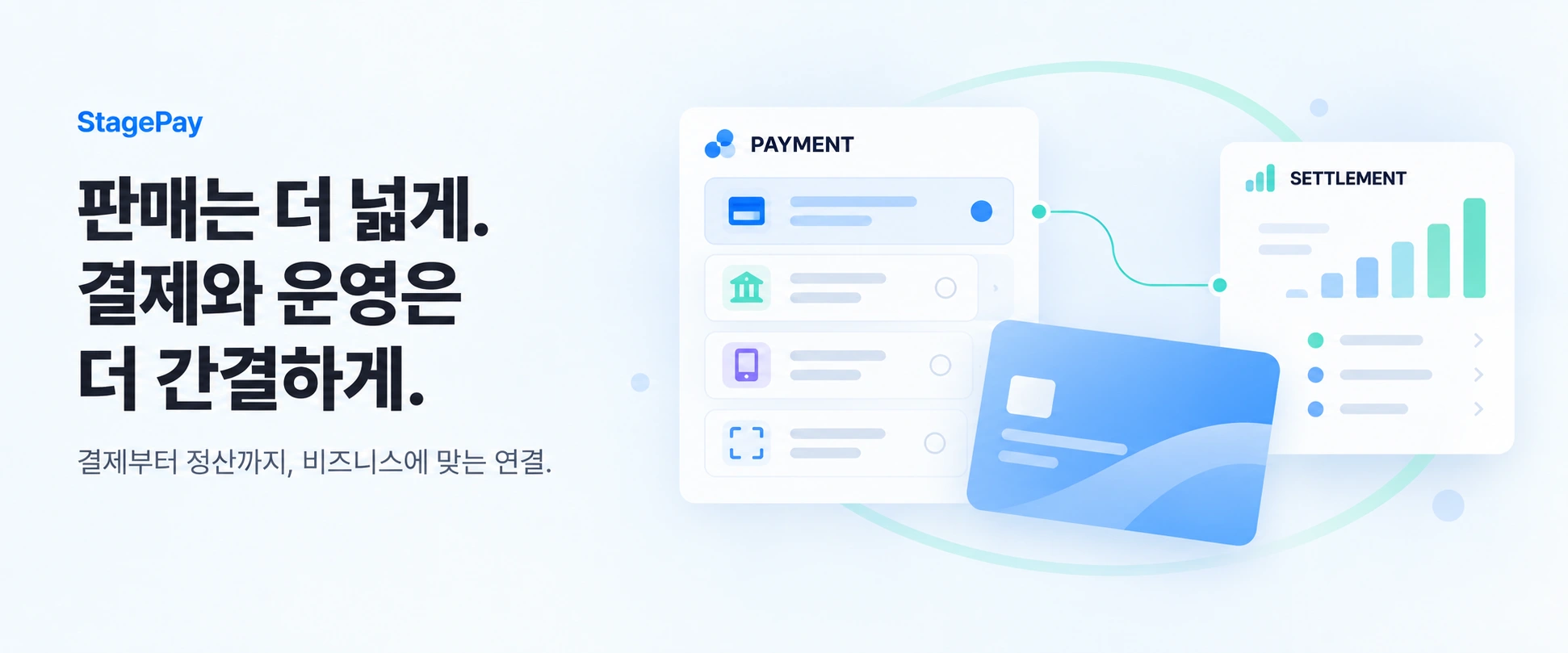 StagePay. 판매는 더 넓게. 결제와 운영은 더 간결하게. 결제부터 정산까지, 비즈니스에 맞는 연결.