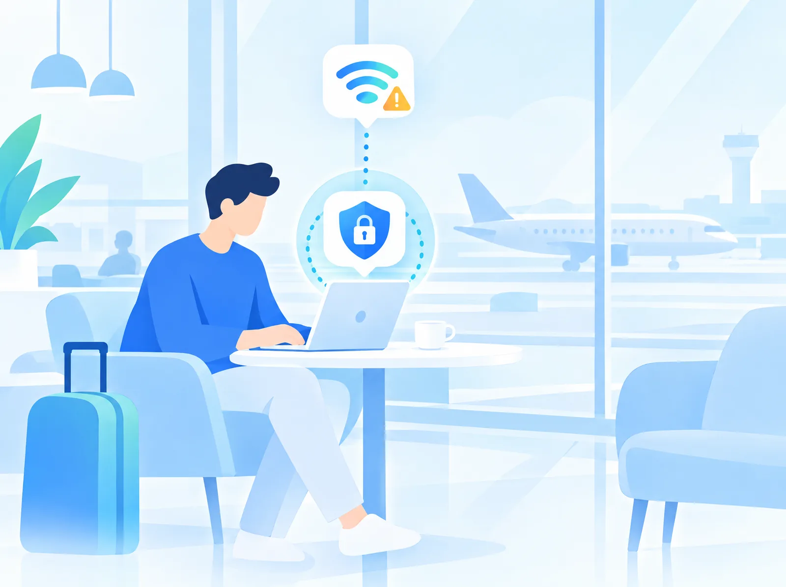 Airport and café Wi‑Fi, with peace of mind. — StageVPN concept illustration